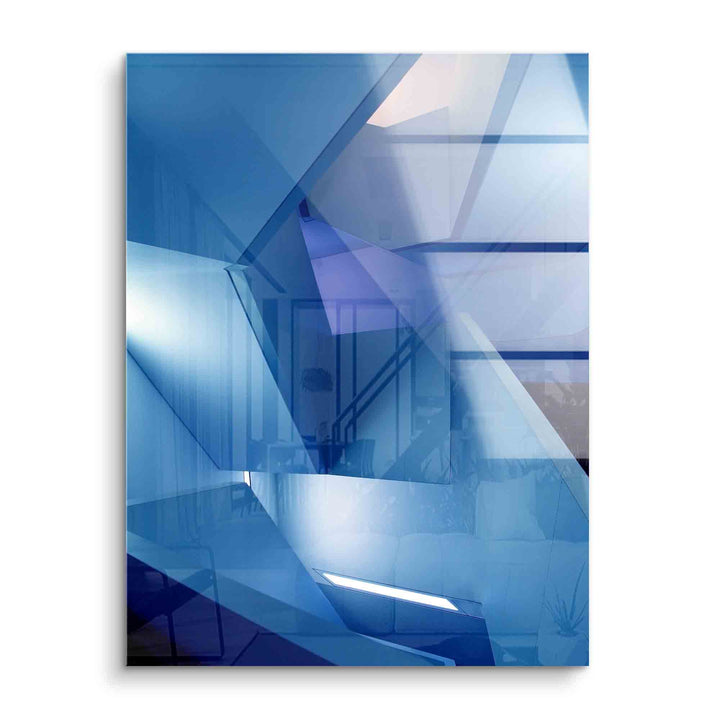 Modernes Wandbild mit abstrakten blauen Formen und geometrischen Linien, Acryl-Optik