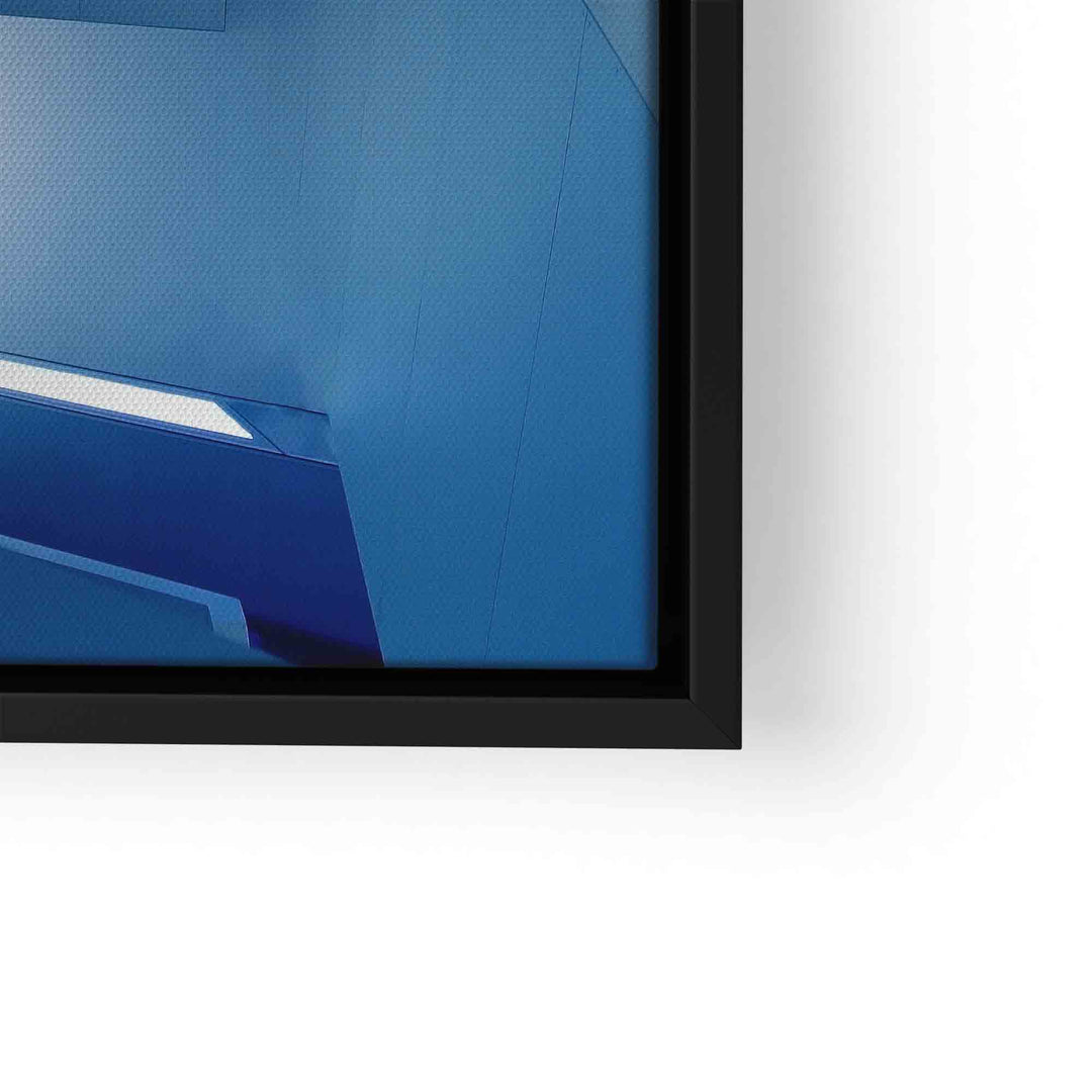 Modernes Wandbild mit abstrakter blauer Treppe in Schwarzrahmen, minimalistisch