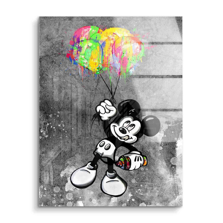 Comic Maus mit Farbspraydose, bunte Ballons, Graffiti-Wandbild auf grauem Hintergrund
