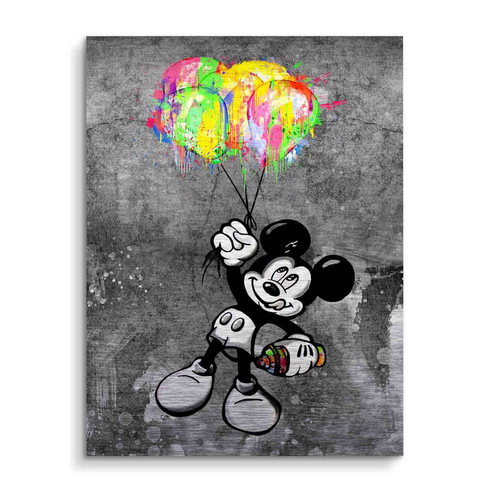 Pop Art Wandbild mit Comic-Maus, die bunte Luftballons hält, grauer Hintergrund