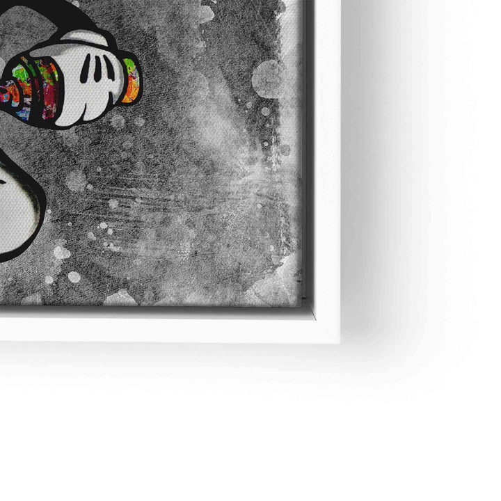 Modernes Wandbild mit Comic-Hand in Schwarz-Weiß und buntem Spray auf grauer Struktur