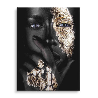 Modernes Wandbild: Schwarzes Gesicht mit goldenen Akzenten und glänzenden Augen auf Leinwand