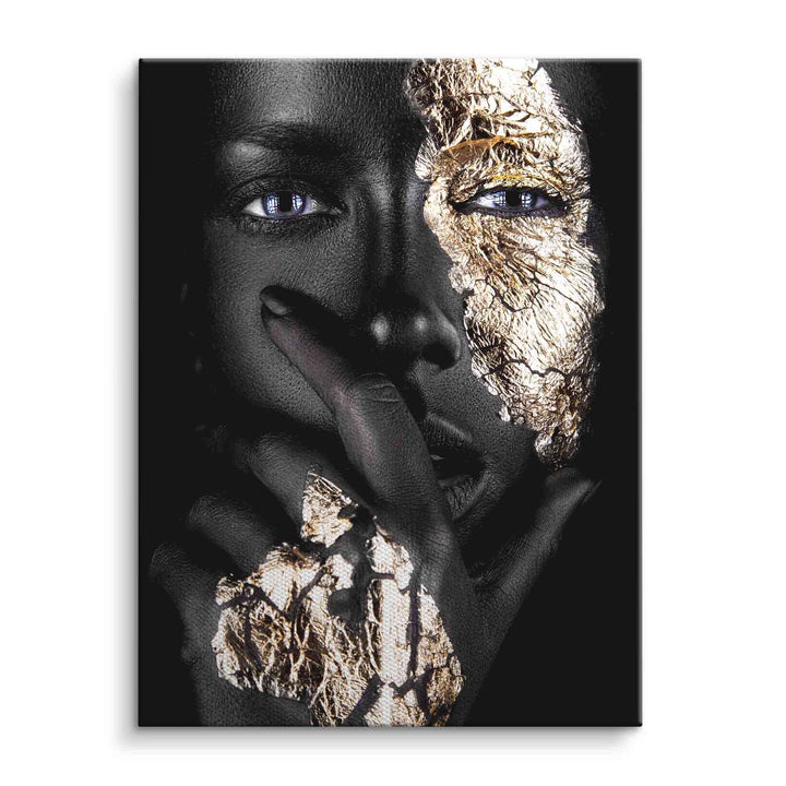 Modernes Wandbild: Schwarzes Gesicht mit goldenen Akzenten und glänzenden Augen auf Leinwand