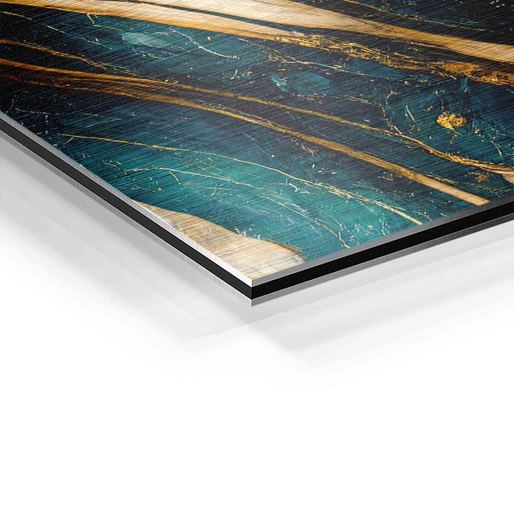 Detailansicht Wandbild mit goldenen Marmor- und Petroleum-Mustern auf Aluminium