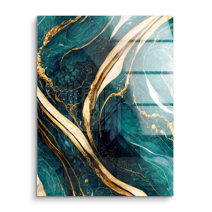 Acryl Wandbild mit goldenen Marmorlinien und petrolfarbenem abstraktem Muster
