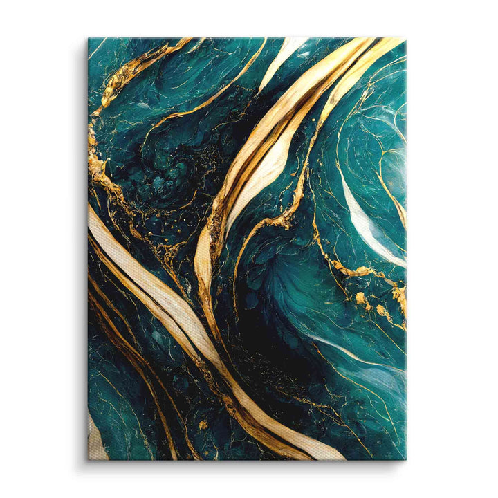 Wandbild mit goldenen und petrolfarbenen Marmor-Mustern auf Leinwand, abstrakte Kunst