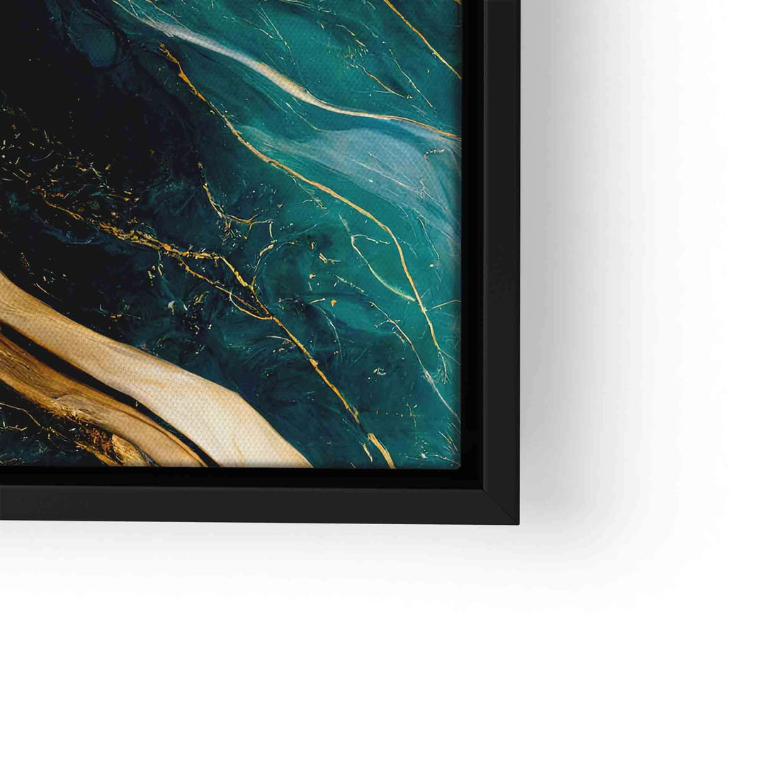 Modernes Wandbild mit goldenen Marmor- und Petrol-Mustern in schwarzem Rahmen