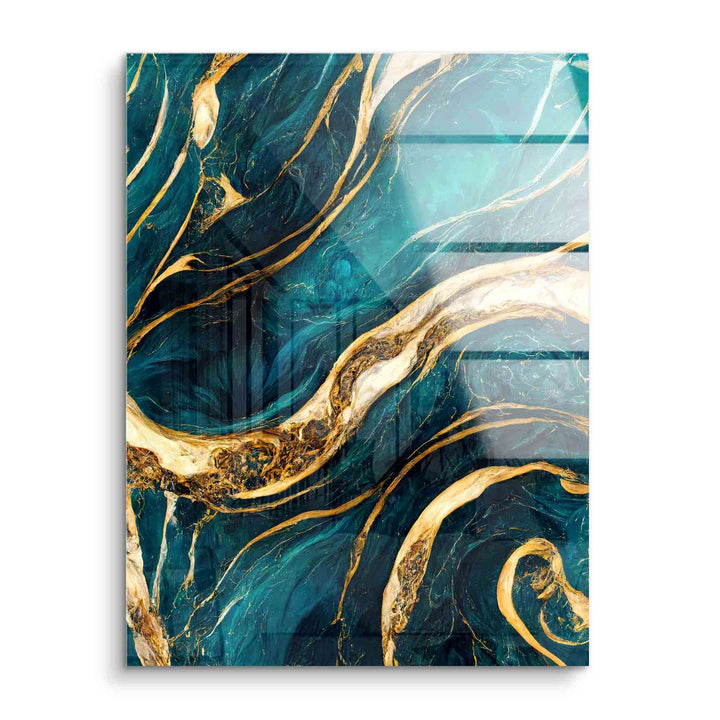XXL Wandbild mit goldenen Marmorlinien auf petrolblauem Muster, modernes Acrylbild
