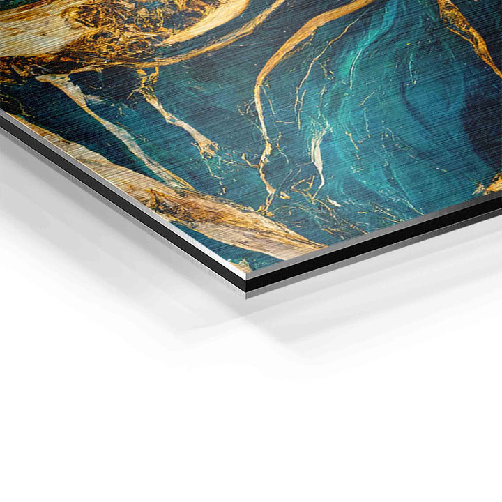 Detailaufnahme eines XXL Wandbilds mit golden-blauem abstraktem Muster auf Leinwand, gerahmt