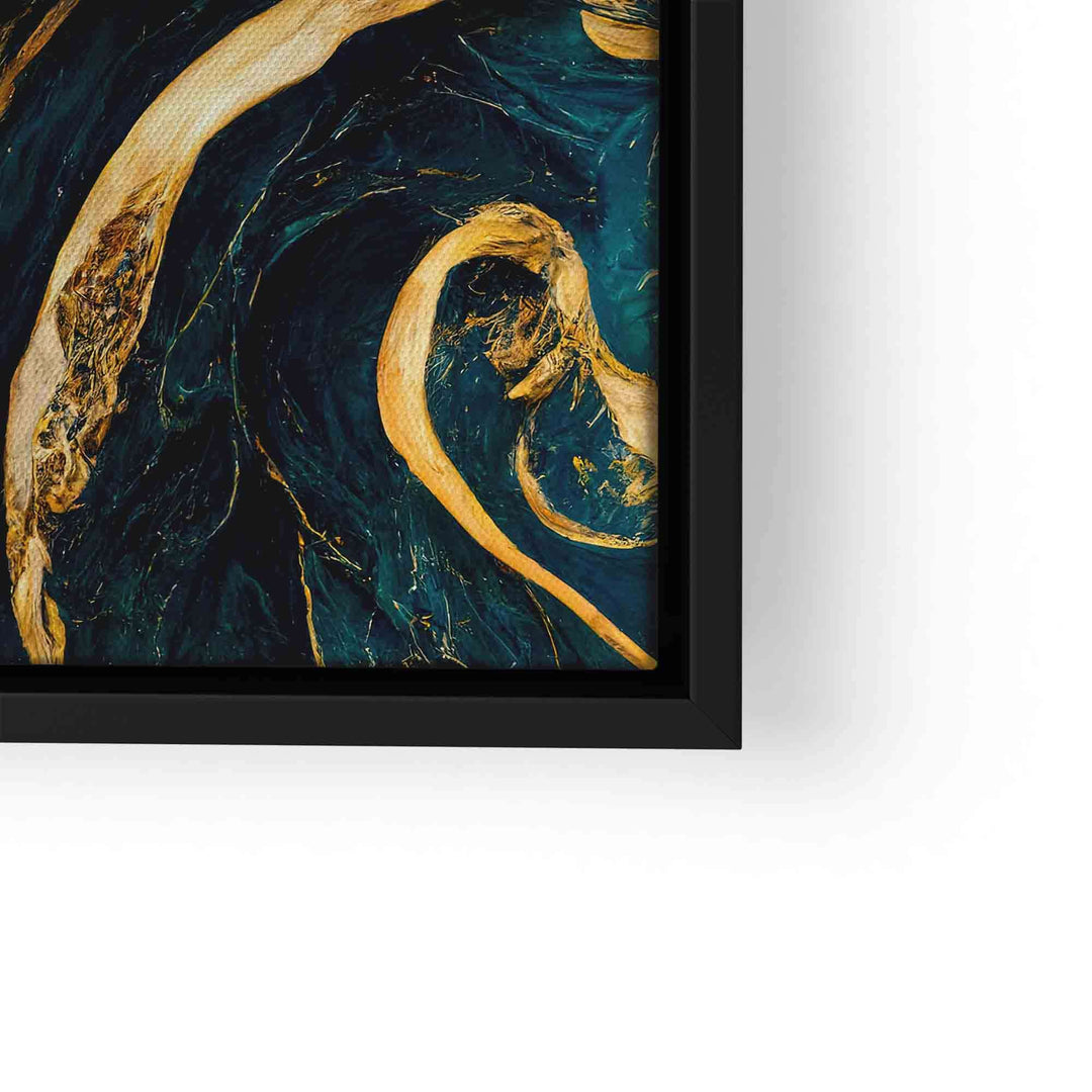 Modernes XXL Wandbild mit goldenen abstrakten Linien auf dunkelblauem Muster, gerahmt