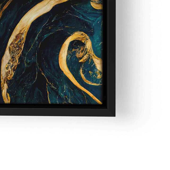 Modernes XXL Wandbild mit goldenen abstrakten Linien auf dunkelblauem Muster, gerahmt