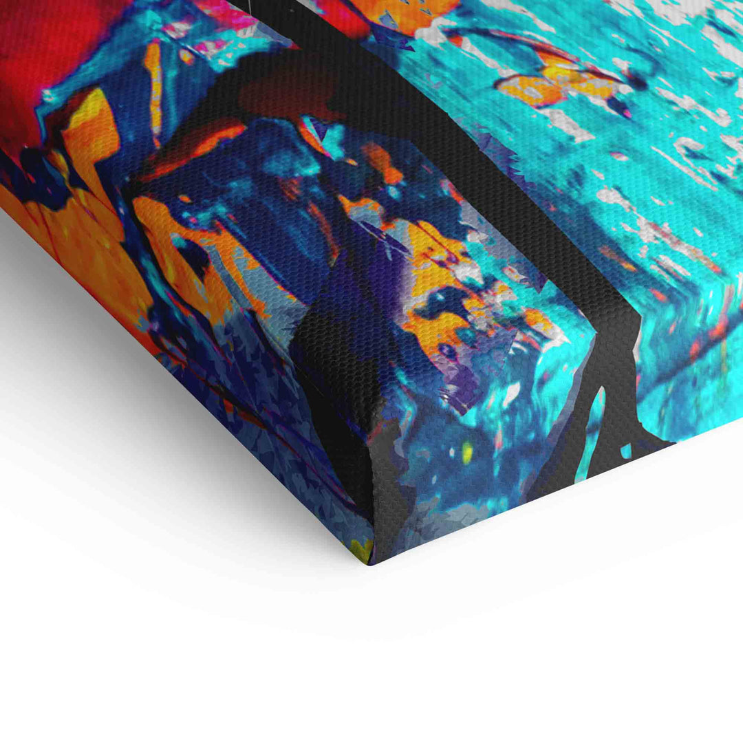 Detail eines farbenfrohen Pop Art XXL Wandbildes auf Leinwand, blaue und orange Akzente