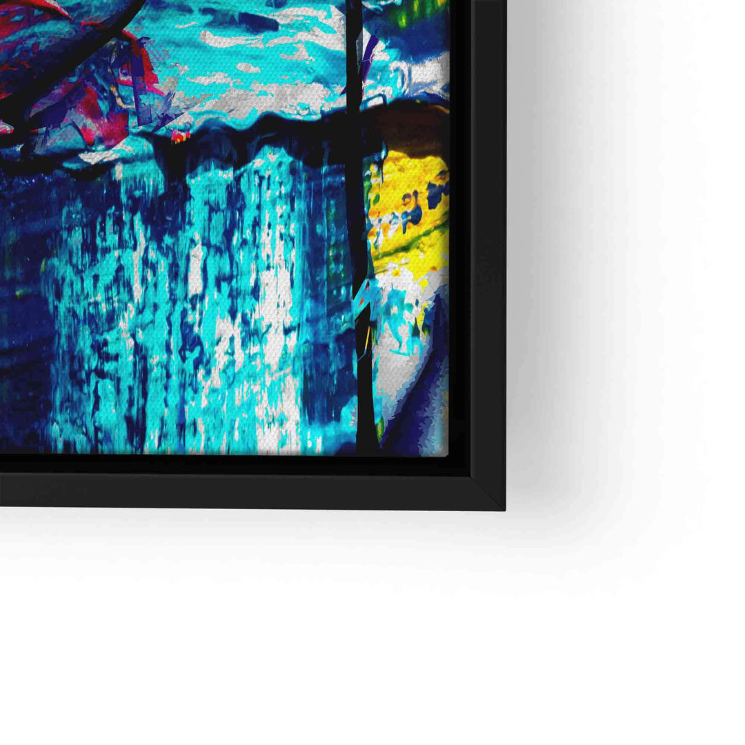 Detail eines Pop Art XXL Wandbilds mit buntem abstraktem Muster in blau und gelb, schwarzer Rahmen.