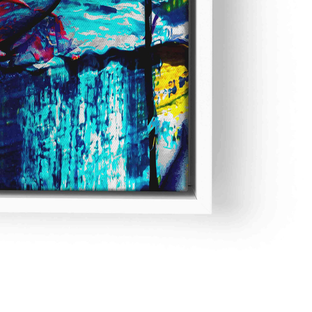 Detail eines abstrakten Pop Art Wandbilds mit leuchtenden Blau- und Gelbtönen, gerahmt