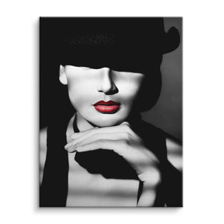 Schwarz-weiß Portrait Wandbild mit Frau, roten Lippen, Hut, stilvolles Leinwandbild