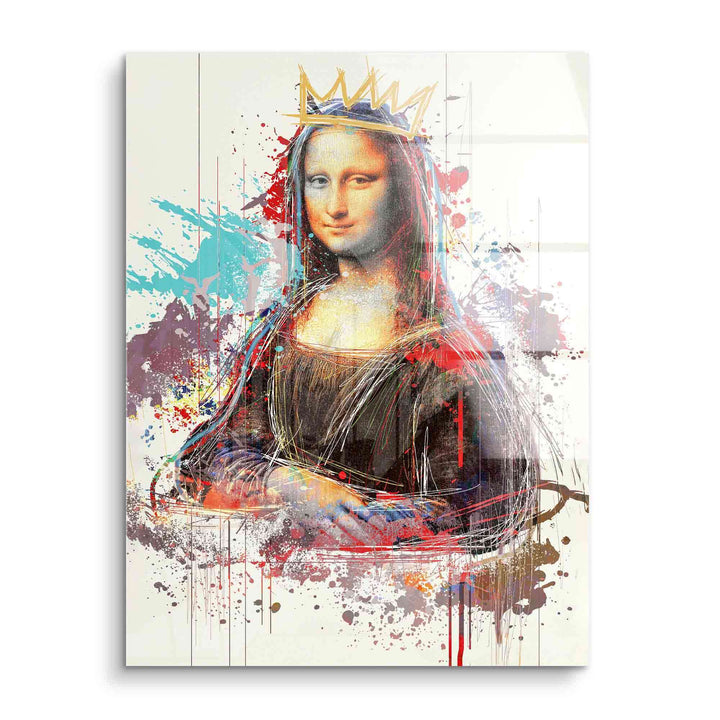 Modernes XXL Wandbild Mona Lisa mit bunter Graffiti-Krone und Farbspritzern auf Acrylglas