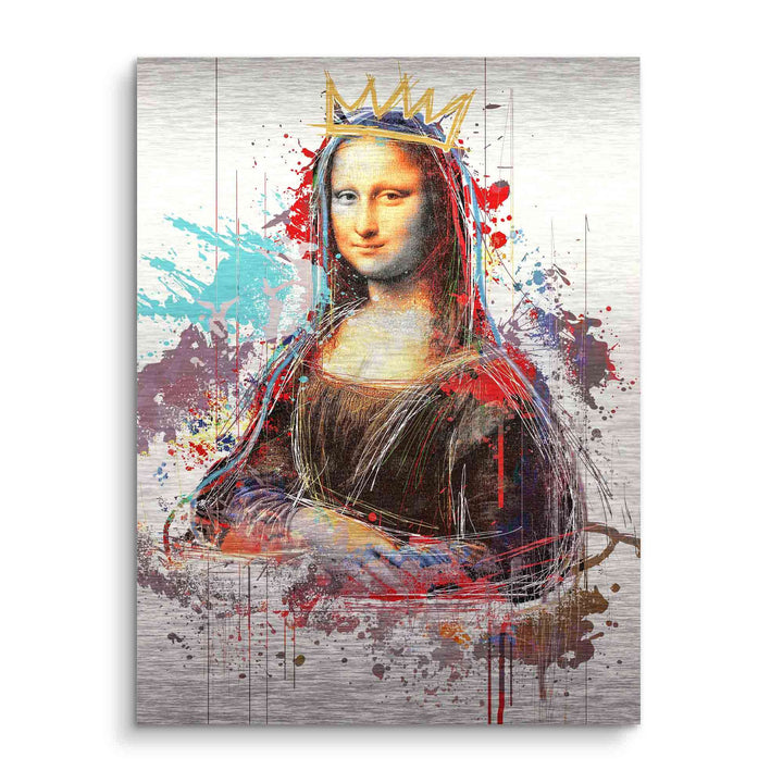 Bunte Mona Lisa als XXL Wandbild, Pop Art mit goldener Krone auf hellem Hintergrund