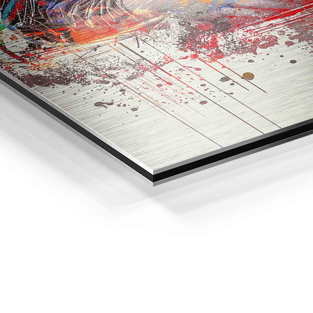 Detailansicht eines XXL Wandbilds auf Aluminium mit buntem, abstraktem Mona Lisa Design
