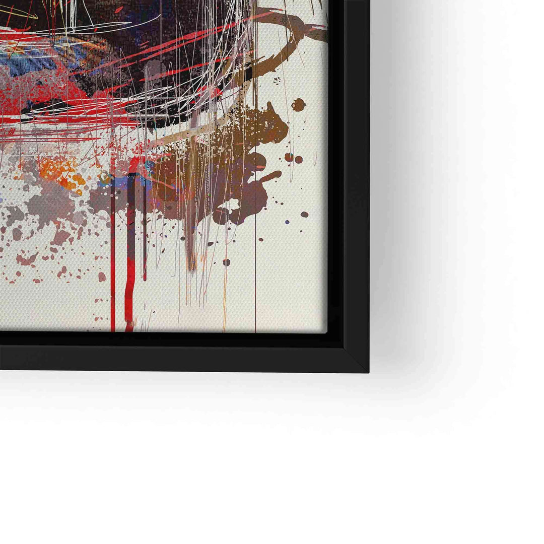 Detail eines bunten abstrakten Pop Art Wandbildes mit Farbspritzern und schwarzem Rahmen