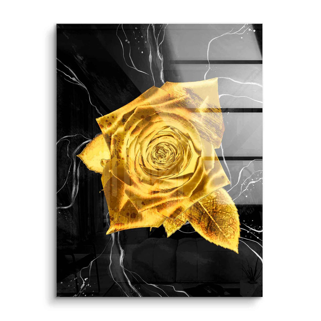 Goldene Rose als Acryl Wandbild, modernes florales Kunstwerk auf schwarzem Hintergrund