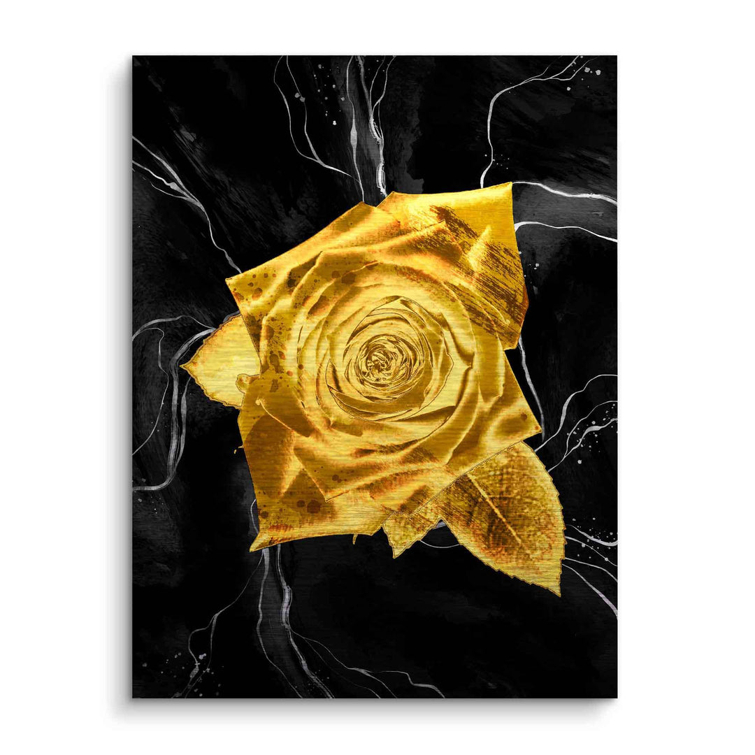 Goldene Rose als Wandbild auf schwarzem Hintergrund, modernes Kunstbild, Metall-Effekt