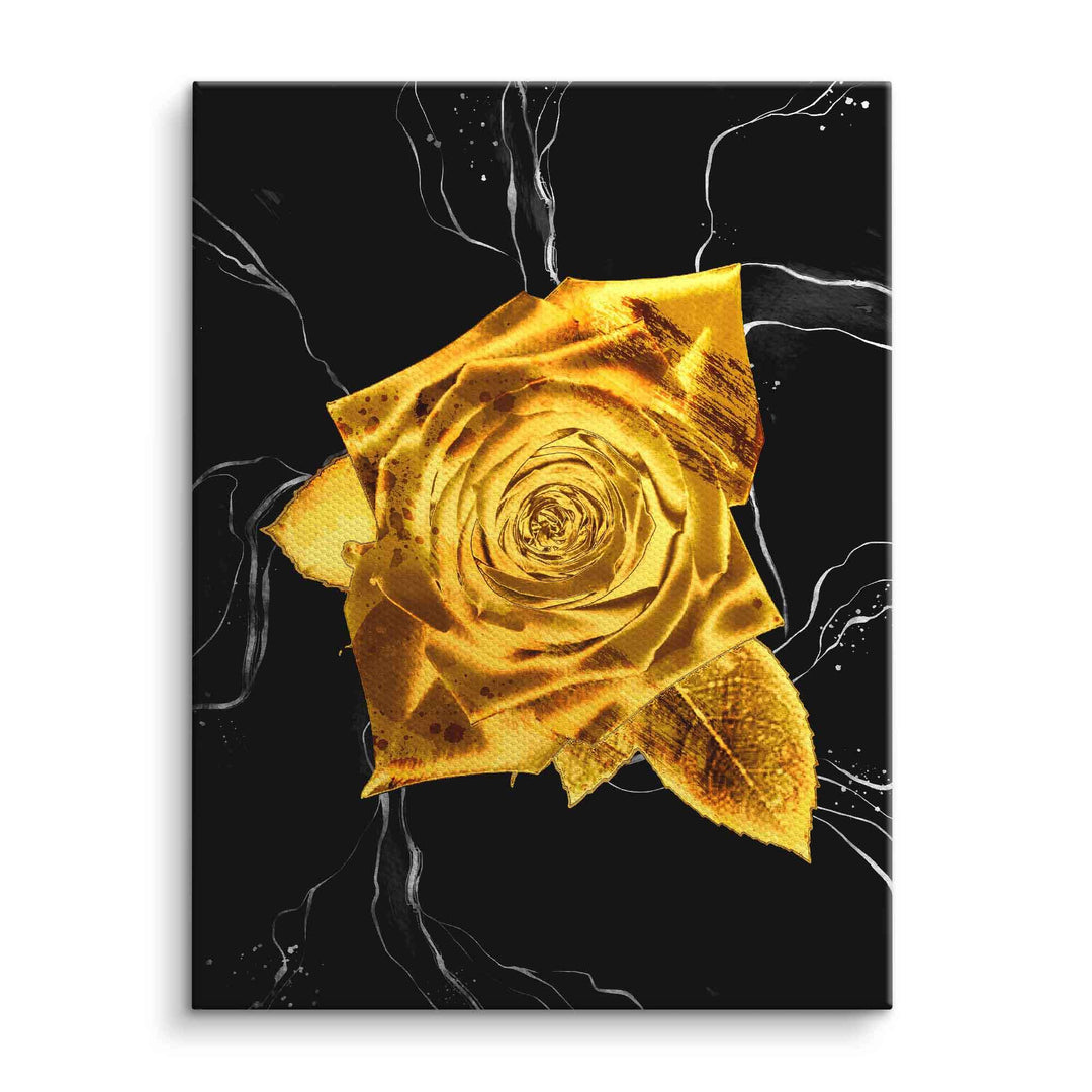 Goldene Rose als modernes Wandbild auf schwarzem Hintergrund mit abstrakten Linien