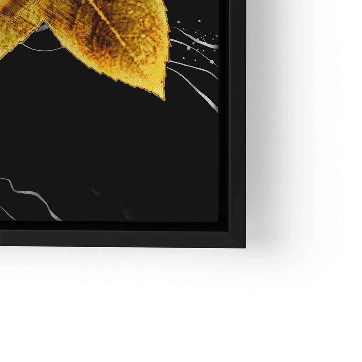 Goldene Rose als modernes Wandbild auf schwarzem Hintergrund mit schwarzem Rahmen