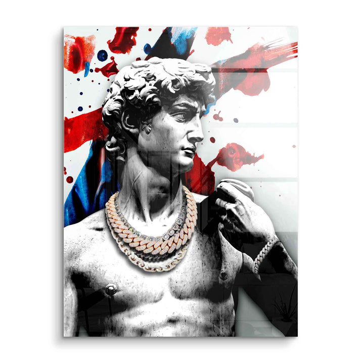 Modernes Wandbild mit David-Statue, Goldkette, abstrakte rote und blaue Farbspritzer