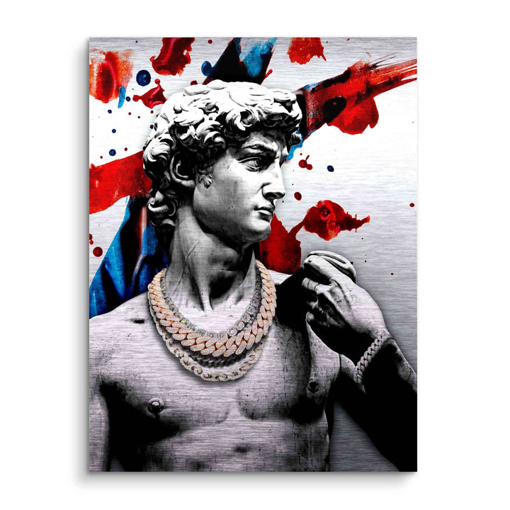 Modernes Wandbild mit David-Statue, goldenen Ketten und bunten Farbspritzern