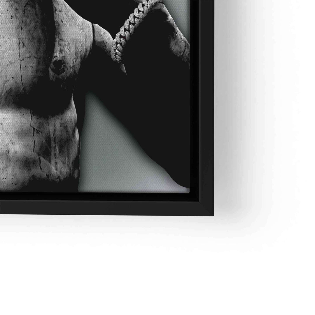 Modernes Wandbild mit Detail der David-Statue und Kette, schwarz-weiß, gerahmt