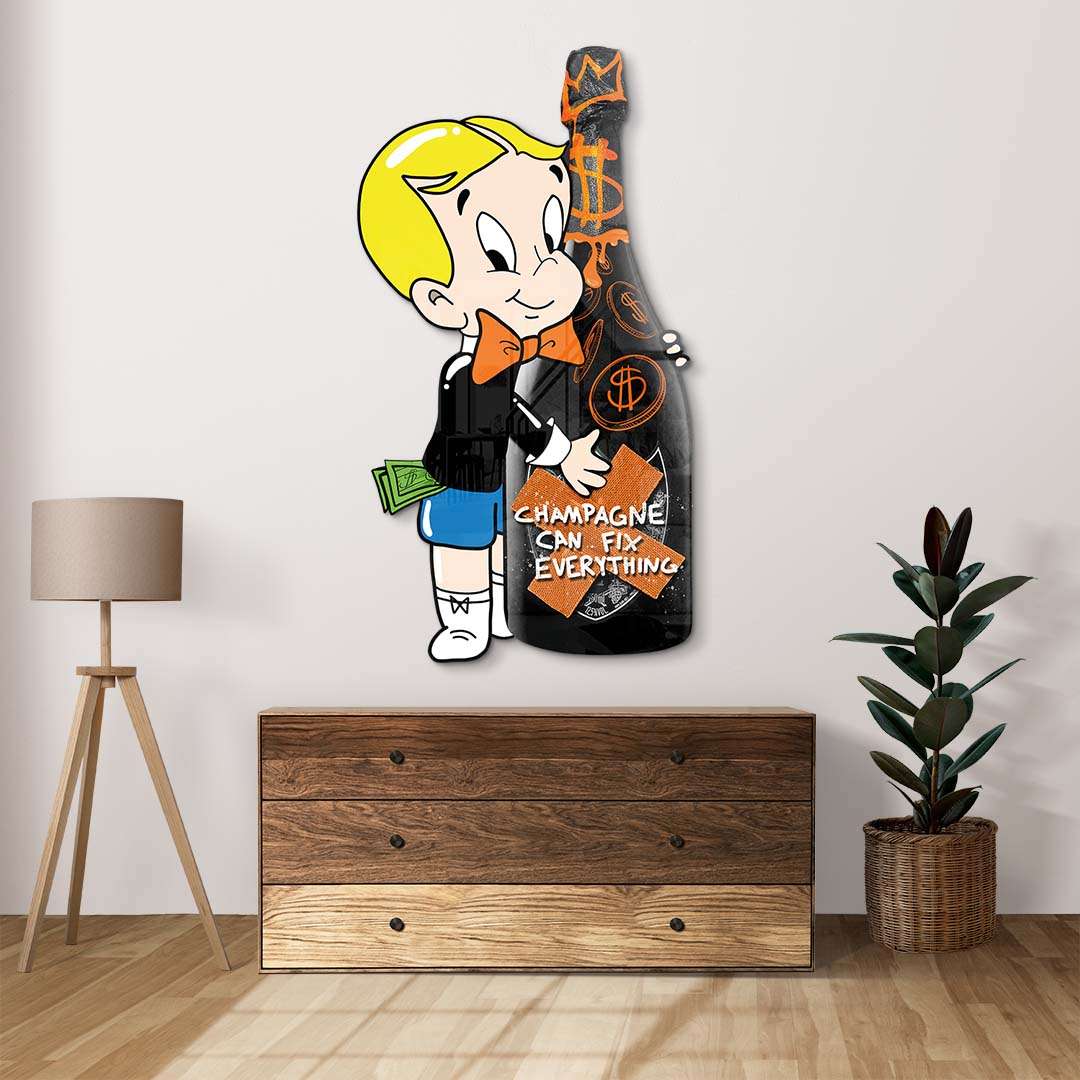 Pop Art Wandbild mit Comic-Junge und großer Champagnerflasche, Spruch "Champagne can fix everything", moderne Wohnzimmerdeko