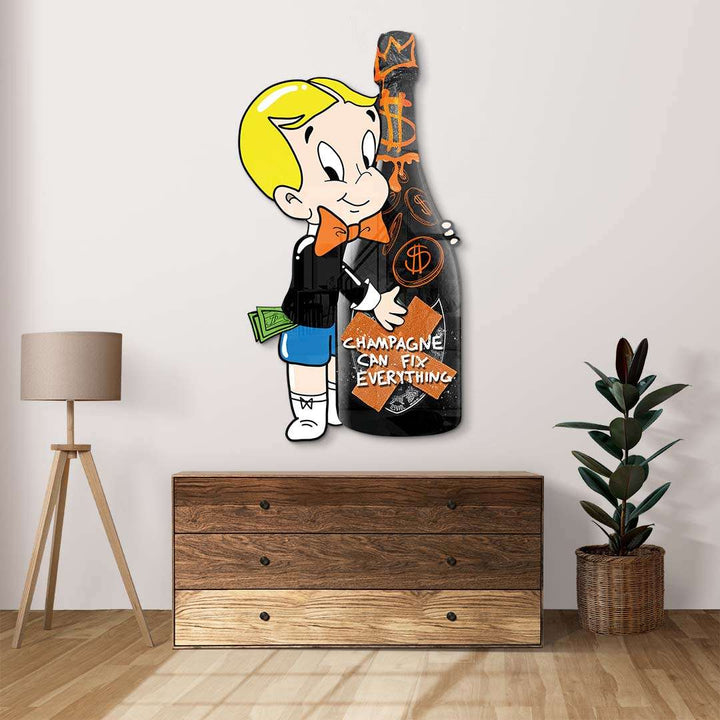 Pop Art Wandbild mit Comic-Junge und großer Champagnerflasche, Spruch "Champagne can fix everything", moderne Wohnzimmerdeko