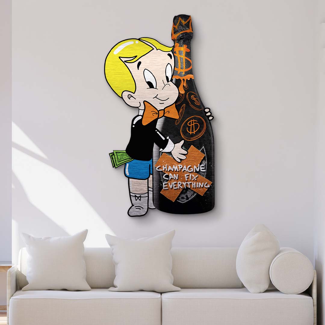 Pop Art Acrylbild Junge mit Champagnerflasche und Schriftzug an weißer Wand über Sofa