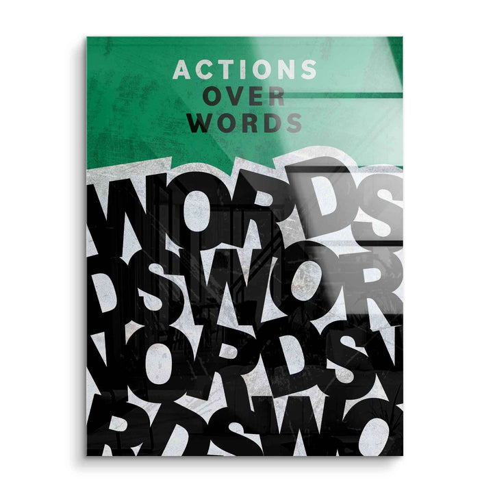 Modernes Motivationsbild aus Acrylglas mit Schriftzug 'Actions Over Words', abstraktes Design