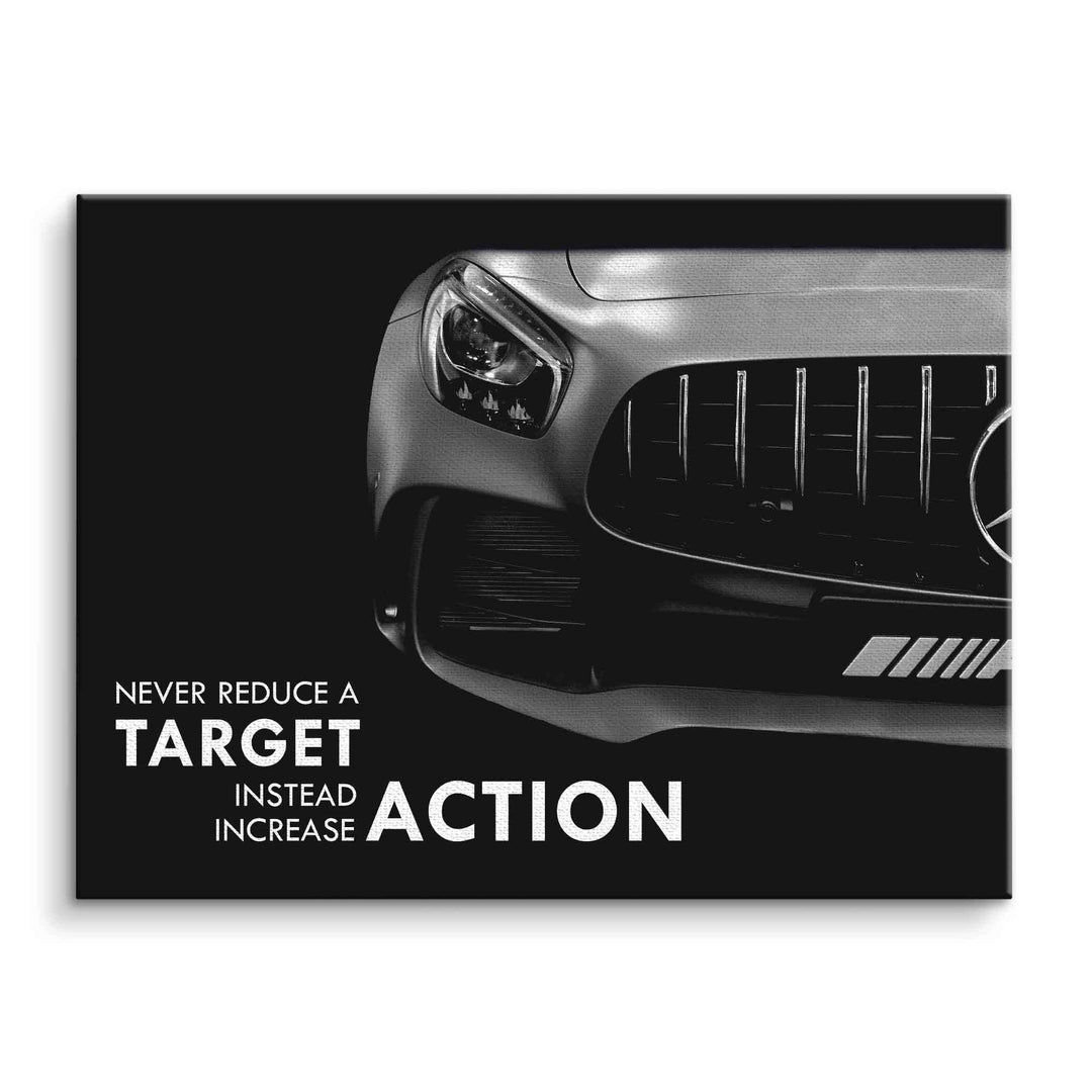 Motivationsbild mit silbernem Sportwagen-Front, Zitat auf Englisch, modernes Auto Wandbild