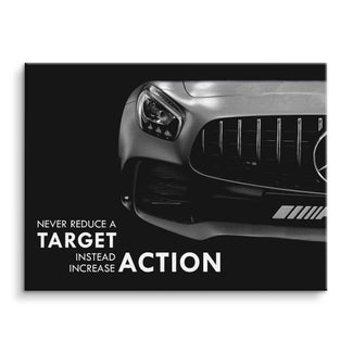 Motivationsbild mit silbernem Sportwagen-Front, Zitat auf Englisch, modernes Auto Wandbild