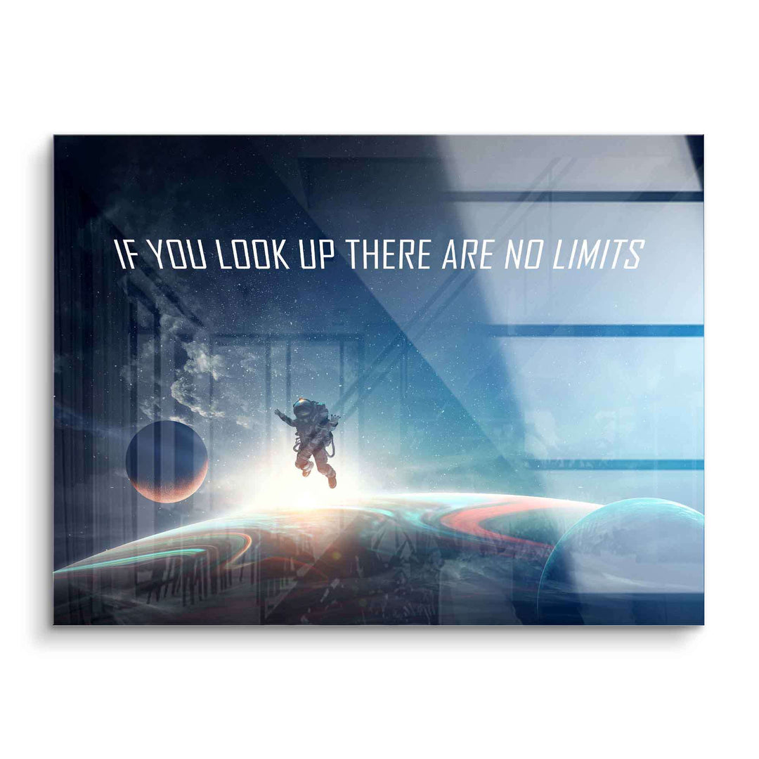 Motivationsbild mit Astronaut im Weltraum, Planeten und inspirierendem Spruch auf Acrylglas