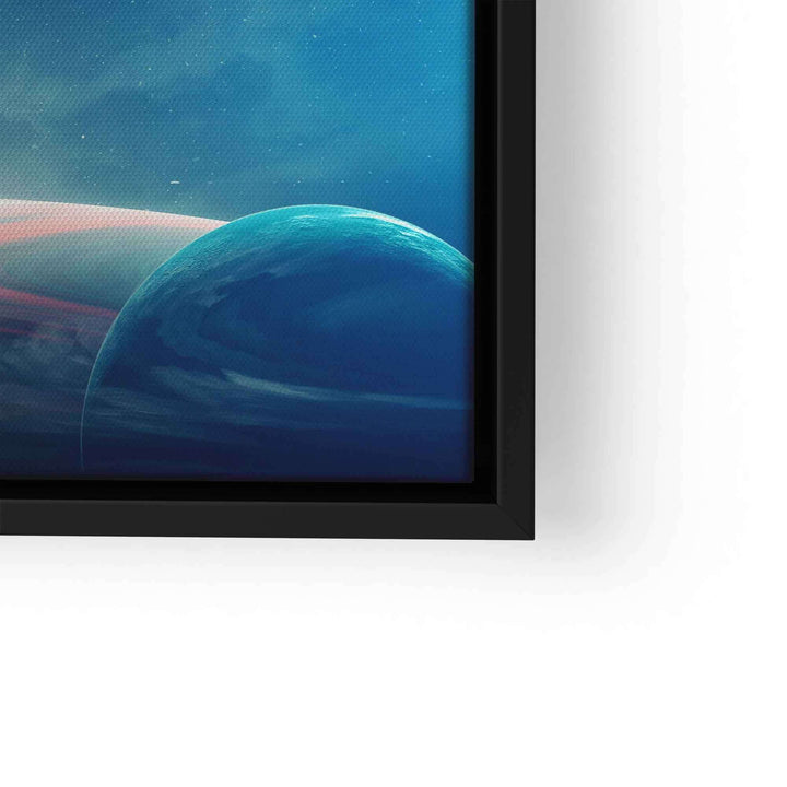 Detail einer Weltraum-Leinwand mit Planeten, blauer Weltraumkunst, schwarzer Rahmen