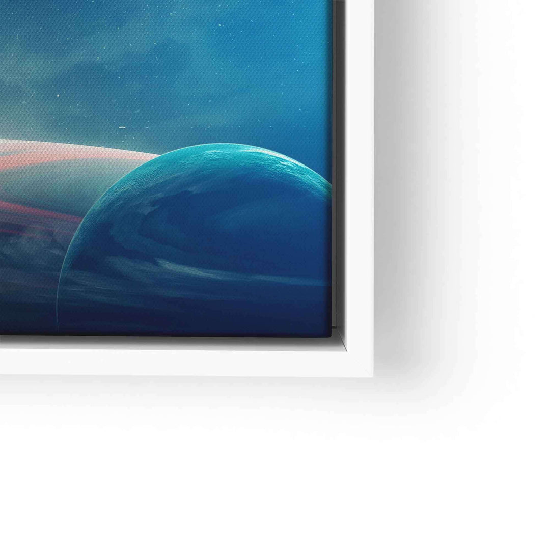 Leinwandbild mit Weltraum-Szene, blauer Planet und Sternenhimmel in weißem Rahmen