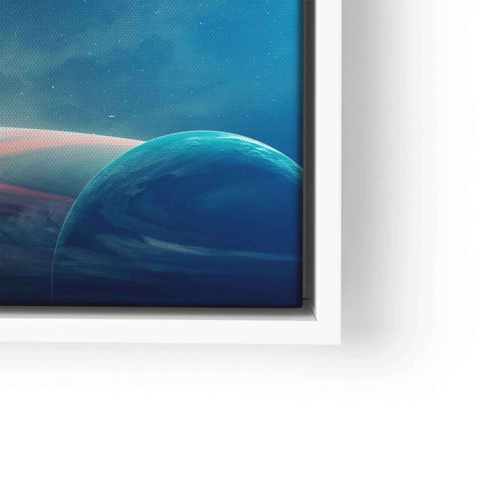Leinwandbild mit Weltraum-Szene, blauer Planet und Sternenhimmel in weißem Rahmen
