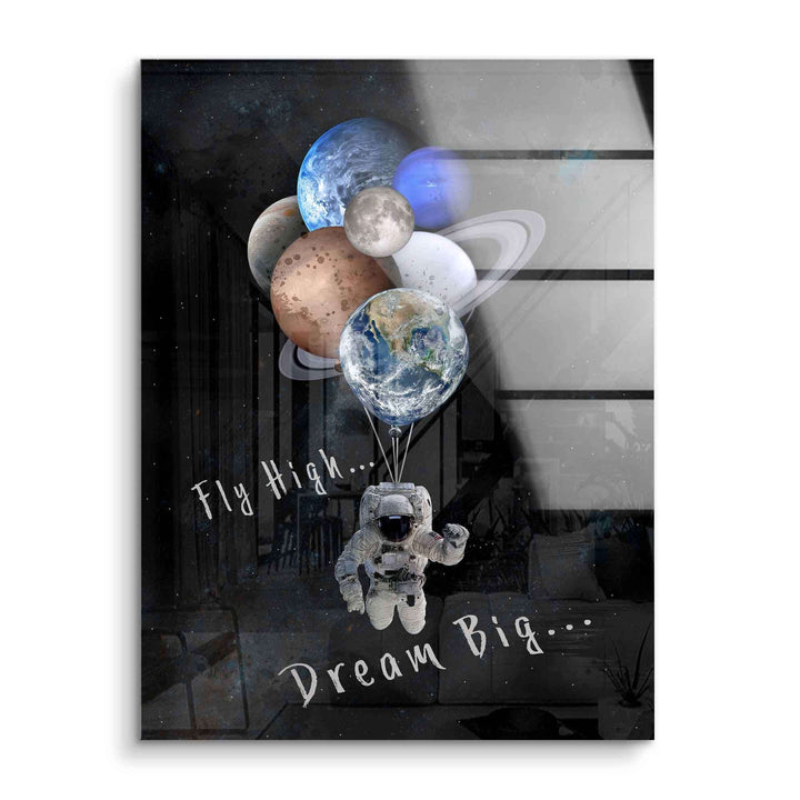 Motivationsbild mit Astronaut, der Ballons in Planetenform hält, Schriftzug Fly High Dream Big