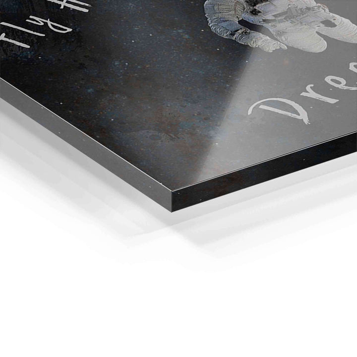 Detail eines Acrylglas-Wandbilds mit Astronaut und Motivationsspruch auf dunklem Hintergrund