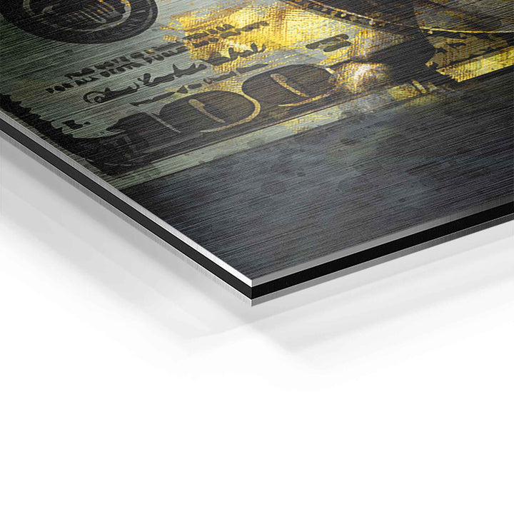 Detailaufnahme Aluminium-Wandbild mit goldenem Dollar-Motiv und Bulle, Börsenkunst
