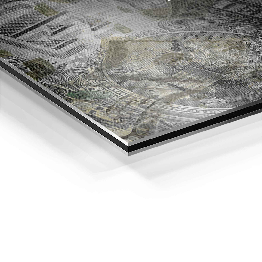 Detail eines modernen Motivationsbildes auf Aluminium mit Geldschein-Design, Nahaufnahme