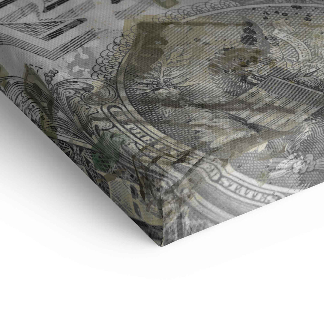 Detailansicht eines Börse-Motivationsbilds auf Leinwand mit Dollar-Muster