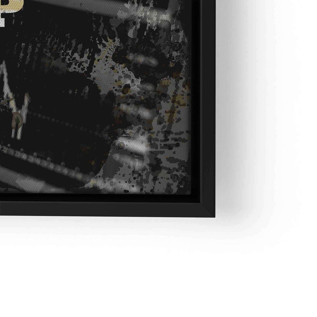 Leinwandbild mit Börsenchart und abstraktem, motivierendem Design in Schwarz-Gold-Optik