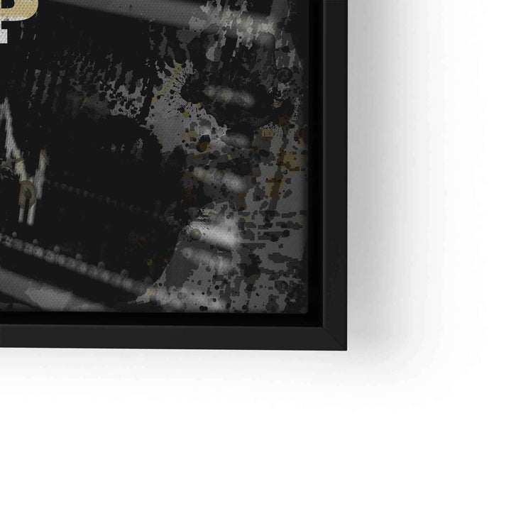 Leinwandbild mit Börsenchart und abstraktem, motivierendem Design in Schwarz-Gold-Optik