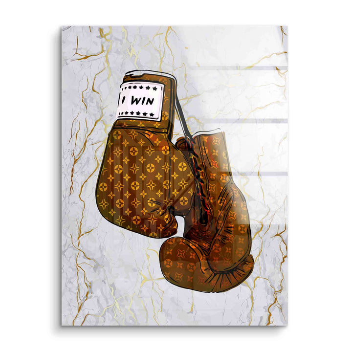 Motivationsbild mit gemusterten Boxhandschuhen und der Aufschrift 'I WIN' auf Marmorhintergrund