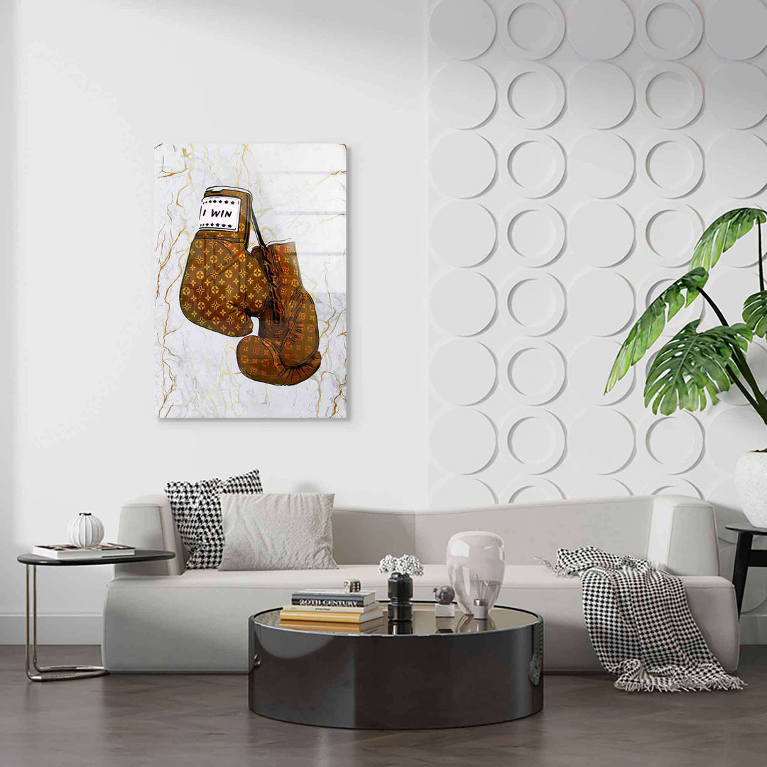 Motivationsbild mit Boxhandschuhen und 'I Win' Text als Wandbild im modernen Wohnzimmer