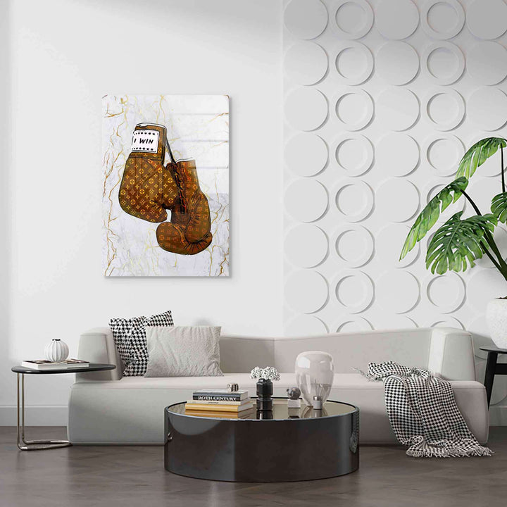 Motivationsbild mit Boxhandschuhen und 'I Win' Text als Wandbild im modernen Wohnzimmer